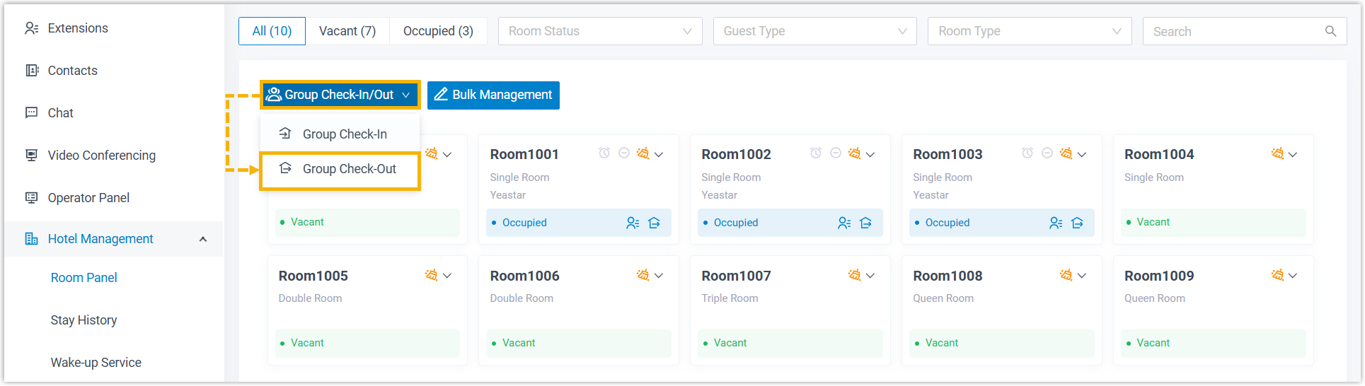 Cloud Voice, Room Panel with the Group Check-In/Out menu expanded to Group Check-Out