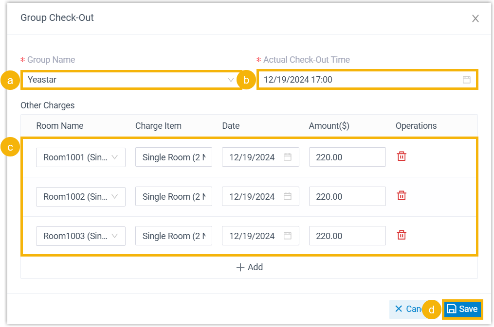 Group check-out dialog with fields for the group name, check-out time, and additional charges