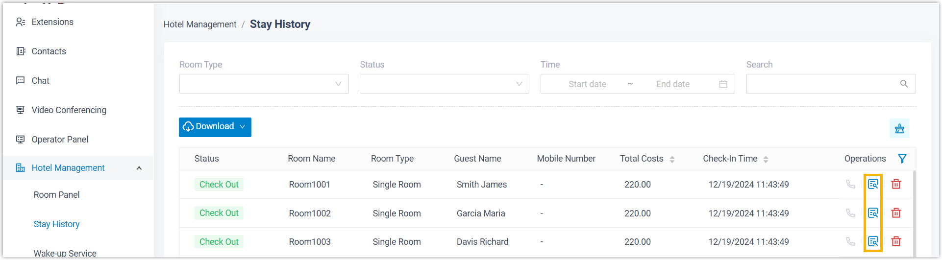 Stay History list showing the invoices generated for the tour group