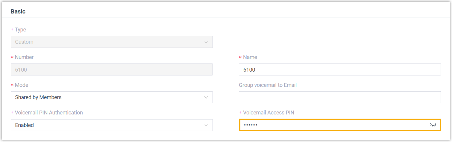 The voicemail access PIN field for a group voicemail