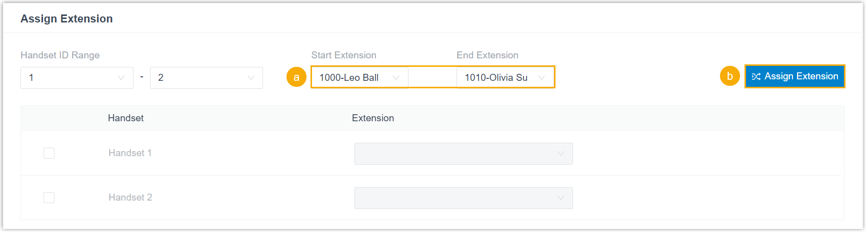 Bulk extension assignment using start and end extension range fields