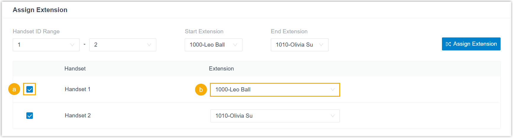 Assigning a single extension to one handset row via the Extension drop-down