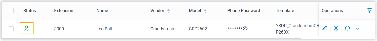 Phones list showing the Grandstream device with a registered extension
