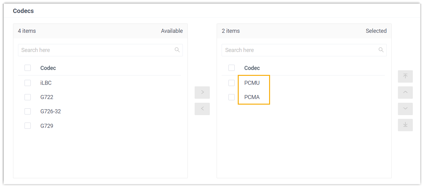 Codecs section showing available and selected codec lists