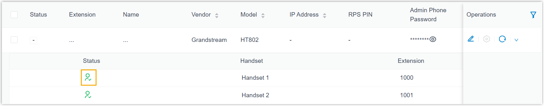 Auto Provisioning phone list showing the Grandstream gateway provisioned and registered