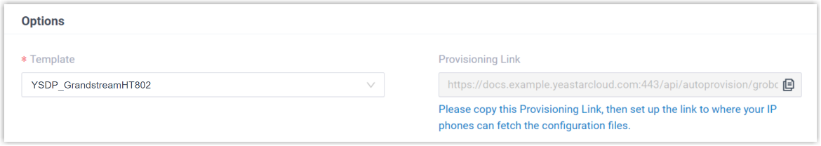Cloud Voice, Options section showing the template selector and the auto-generated provisioning link