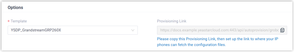 Cloud Voice, provisioning options showing the template and the generated provisioning link