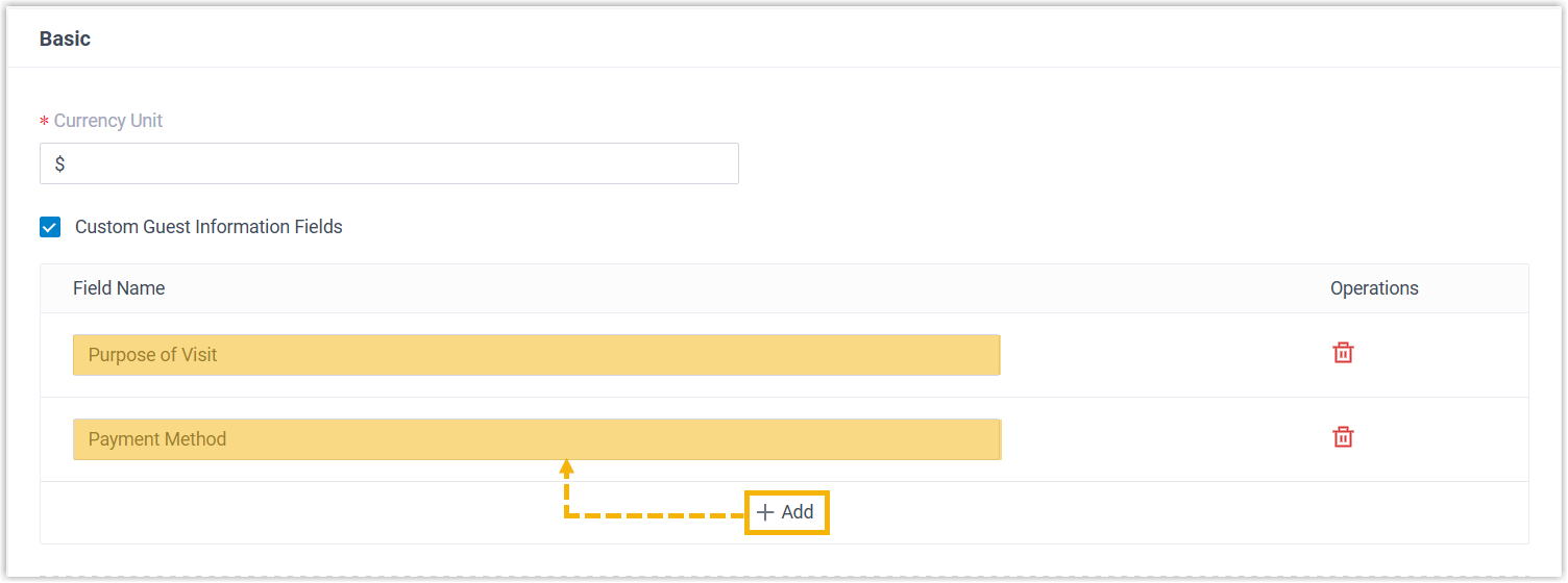 The guest information fields configured on the Hotel Settings tab