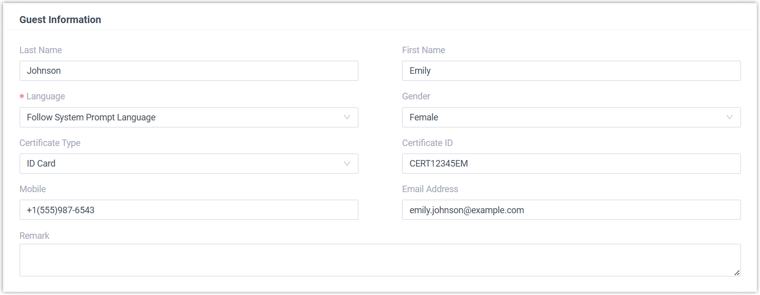 Guest details entered during an individual check-in
