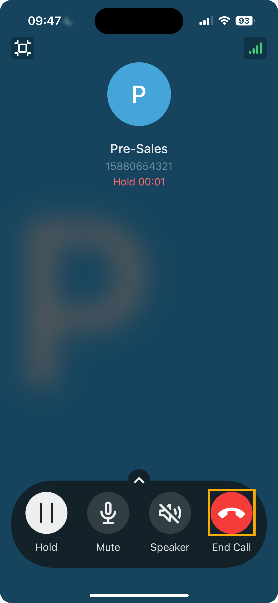 Mobile call screen showing the hang-up control at the end of a queue call