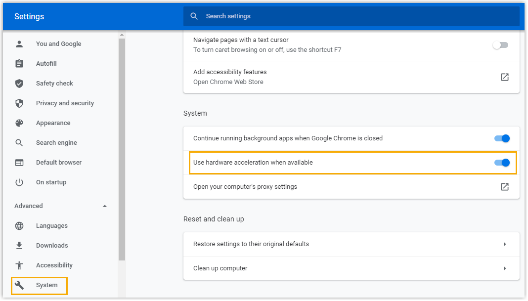 The System settings in Chrome with hardware acceleration enabled
