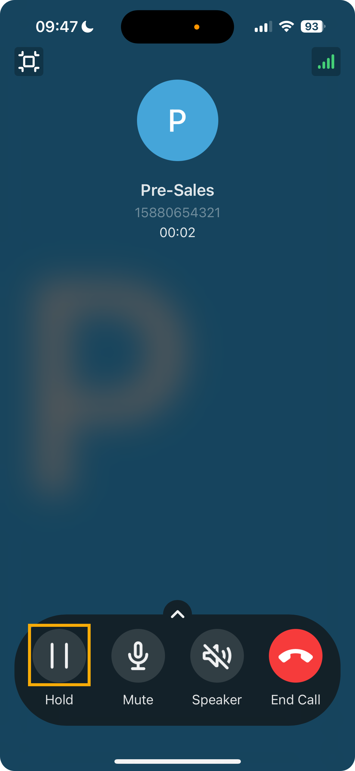 Mobile call screen with the call placed on hold
