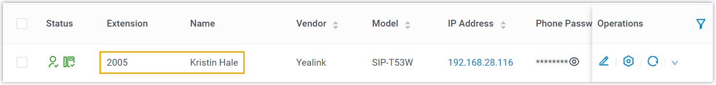 Auto Provisioning phone list showing a hot desking device with its signed-in extension user