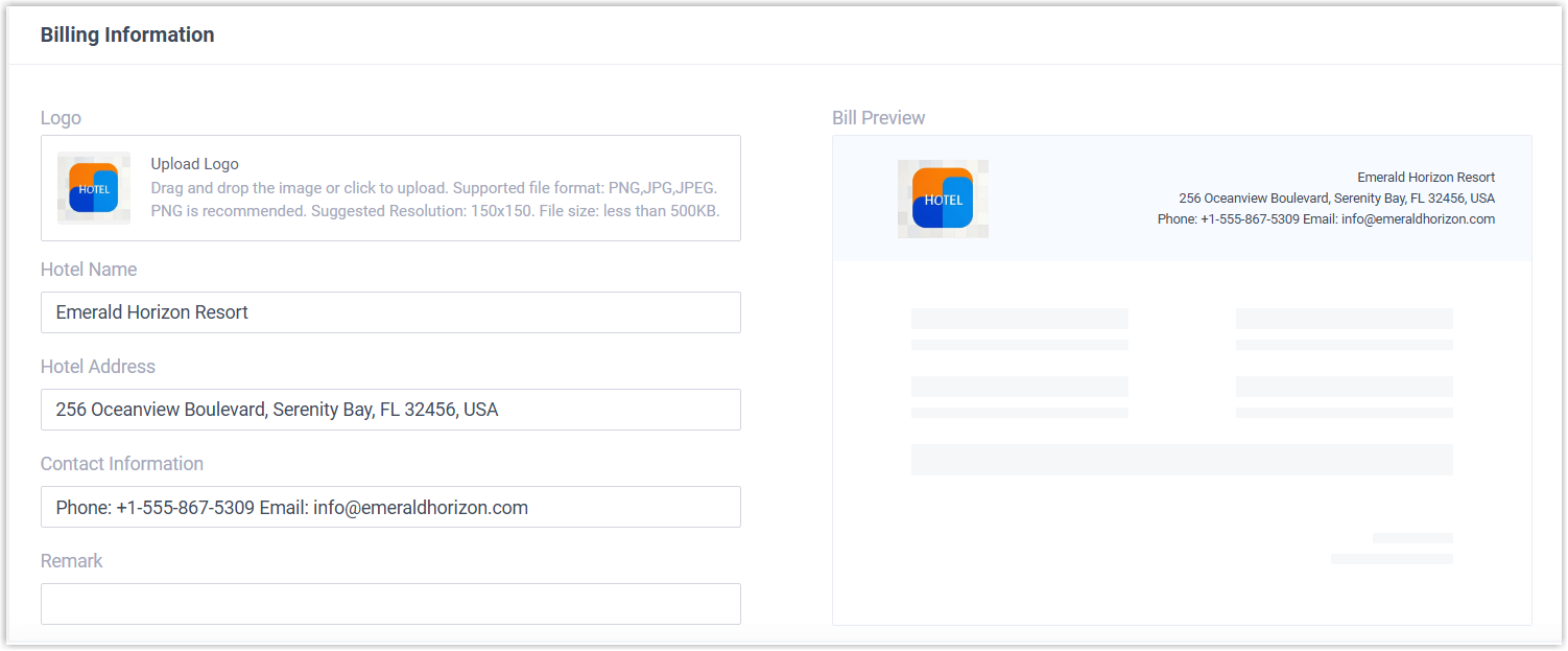 The Billing Information section on the Hotel Settings tab