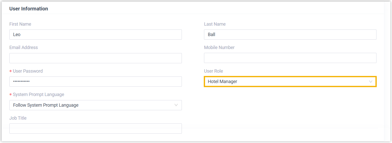 User Role drop-down set to Hotel Manager in the extension's User Information section