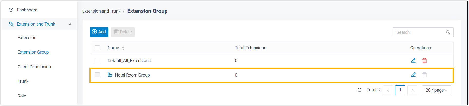 The Hotel Room Group extension group created after setup