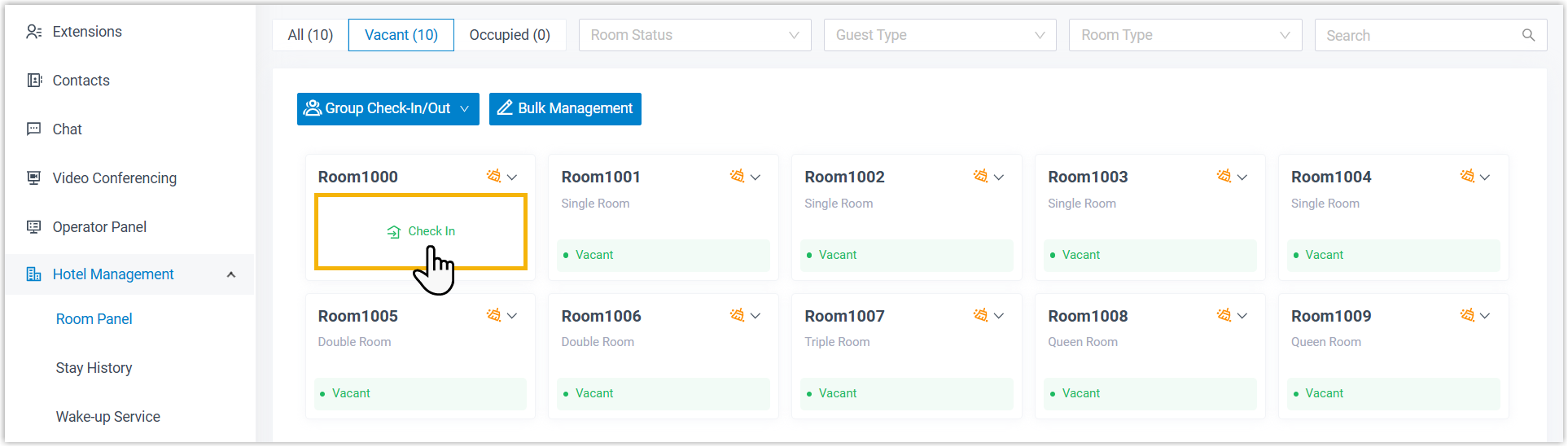 Check In button appearing when you hover over a vacant room