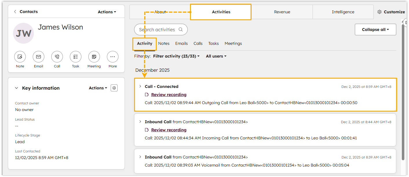 A logged call activity shown on a contact record in HubSpot CRM