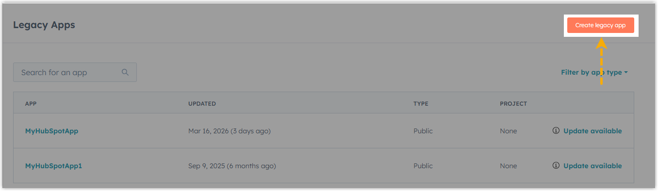 Create legacy app button in the HubSpot developer account