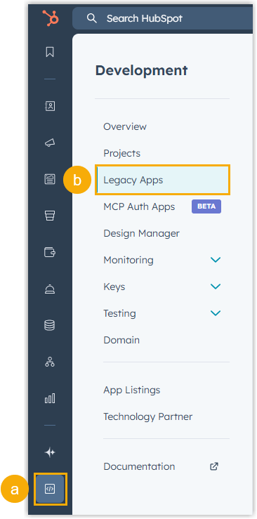 Legacy Apps option under the Development menu in the HubSpot developer sidebar