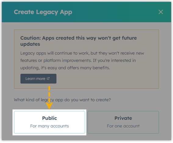 Application type selection with the Public option highlighted