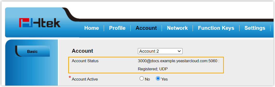 Cloud Voice, Htek account list showing the extension registered successfully