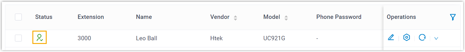 Phones list showing the Htek device with a registered extension