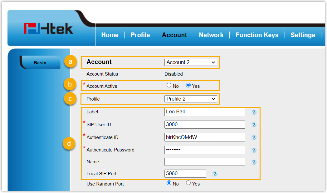 Htek account settings with the SIP user ID, authenticate ID, and password filled in