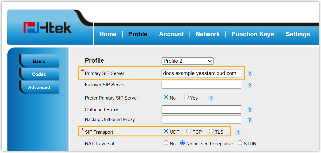 Htek profile settings with the primary SIP server and transport configured