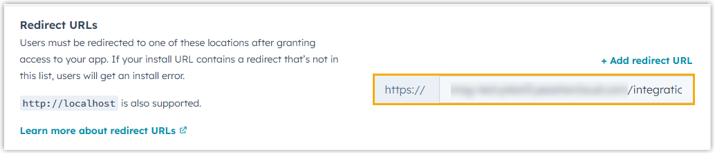 Redirect URLs section of the Auth tab with the pasted redirect URL