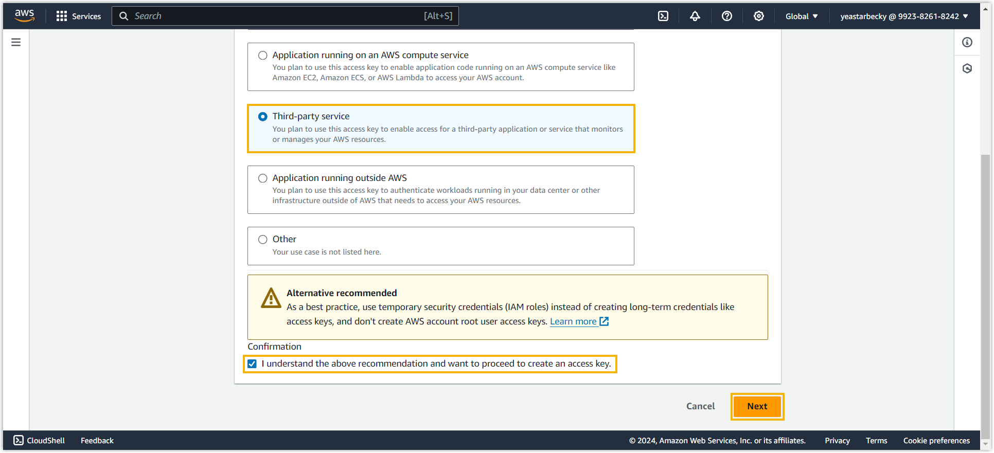 Cloud Voice, choosing Third-party service as the access key use case