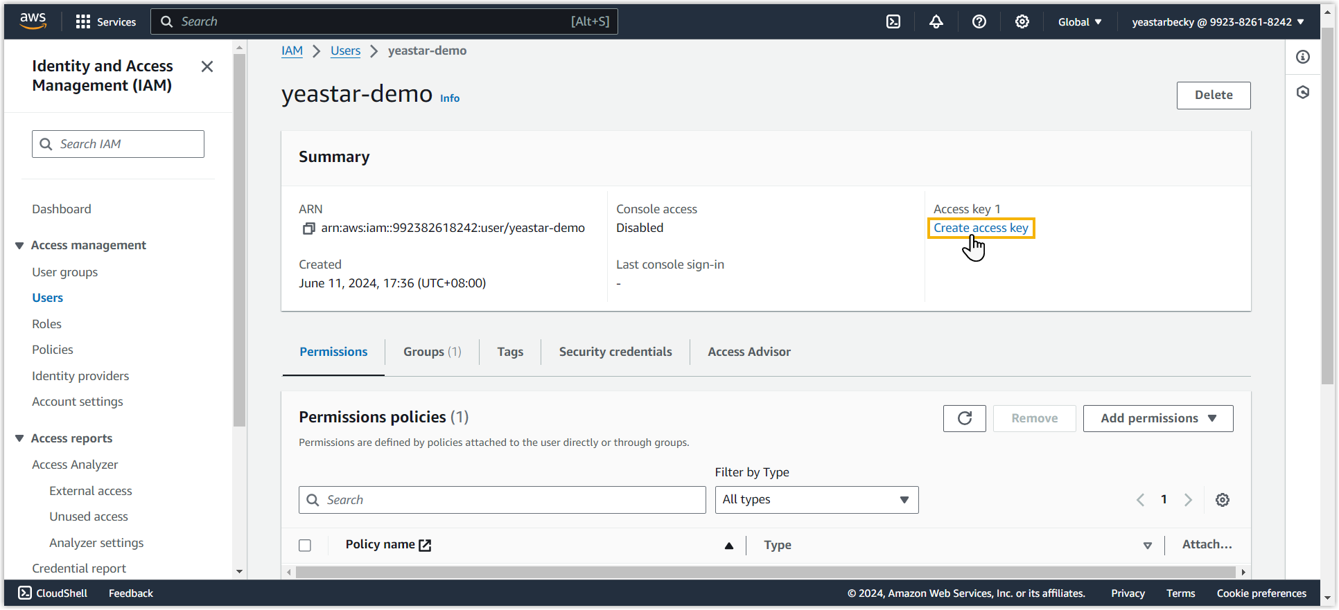 Cloud Voice, the Create access key control in the user summary