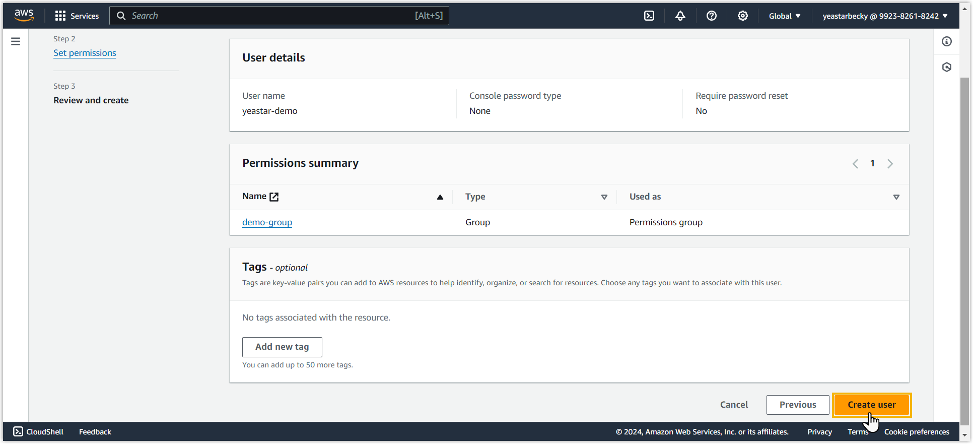 Cloud Voice, the review page before creating the IAM user