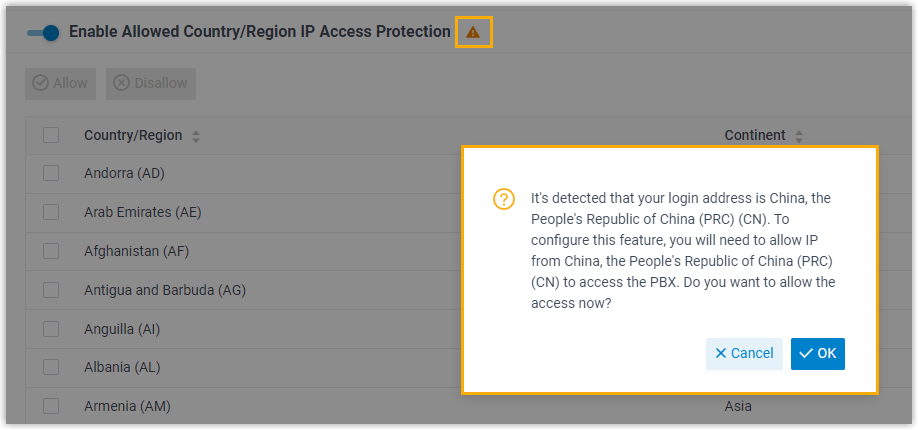 Prompt asking to allow access from your own country or region