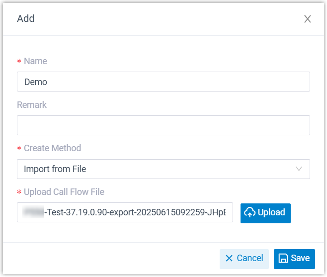 Import dialog with Create Method set to Import from File and a file uploaded