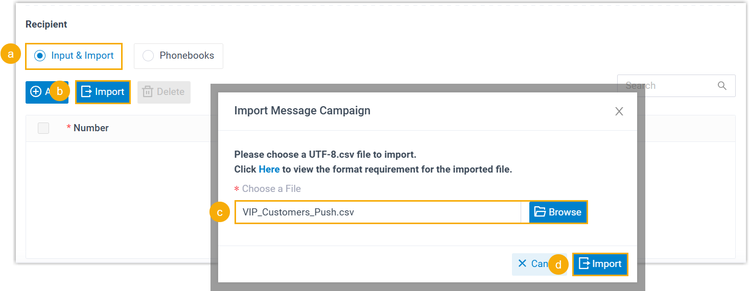 Importing a CSV file of recipient phone numbers