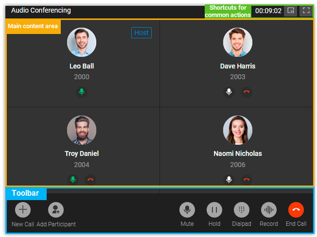 The audio conference window showing participant audio feeds and the call controls