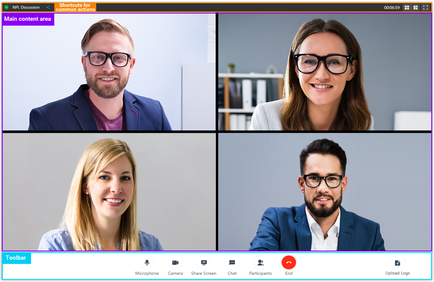 Live video conference showing participant tiles and the meeting toolbar