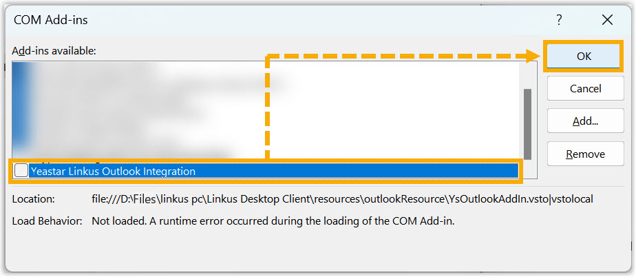 Cloud Voice, COM add-ins dialog with the integration checkbox cleared