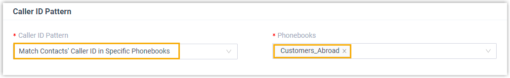 Caller ID pattern set to match contacts in the Customers_Abroad phonebook