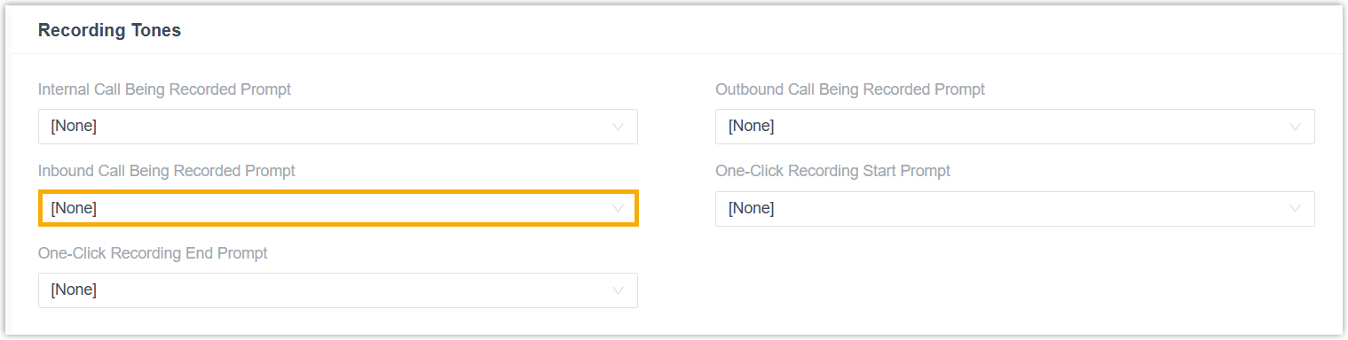The Recording Tones section with the inbound call prompt selected
