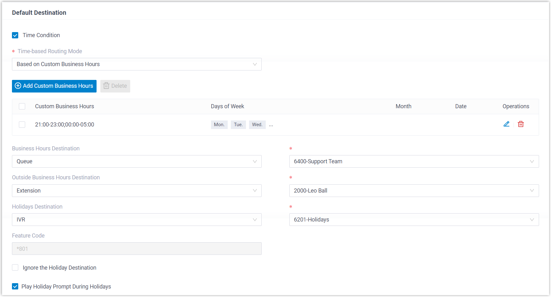 Default Destination section showing time condition options and per-period destinations