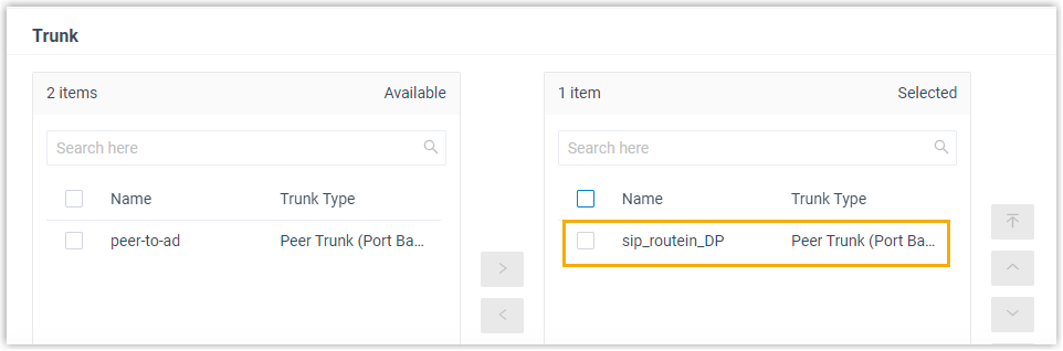 Inbound route form with the trunk sip_routein_DP moved into the Selected box