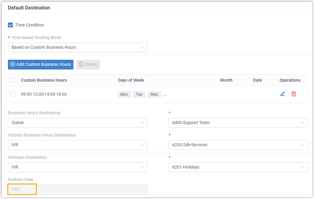 An inbound route that routes calls according to a Custom Business Hours schedule