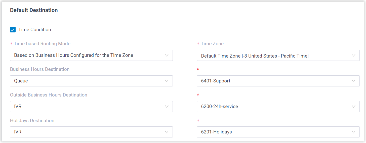 An inbound route that routes calls according to the global Business Hours schedule