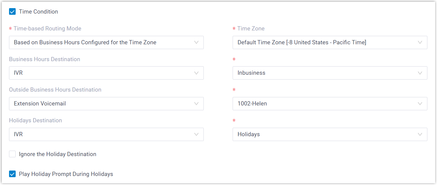 Default Destination section showing the Time Condition options and per-period destinations