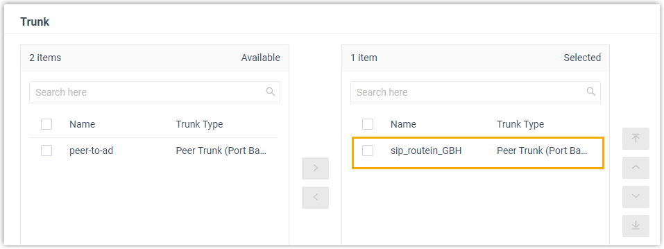 Inbound route form with the sip_routein_GBH trunk moved into the Selected column