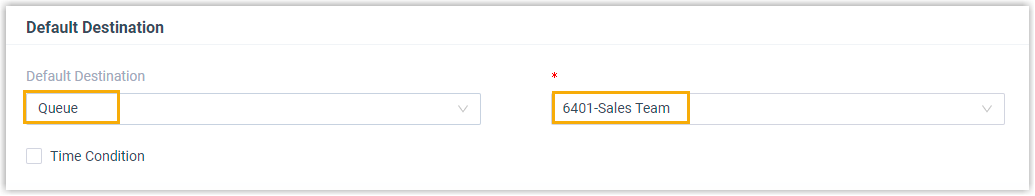 Default destination pointing matched calls to the Sales queue