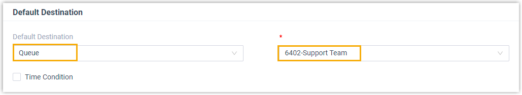 Default destination pointing matched calls to the Support queue