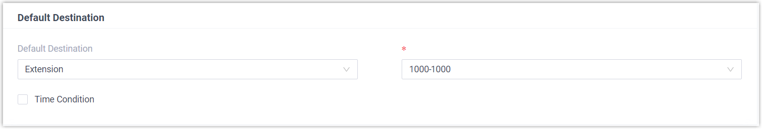 Inbound route configured with a name, trunk, and a default destination of extension 1000